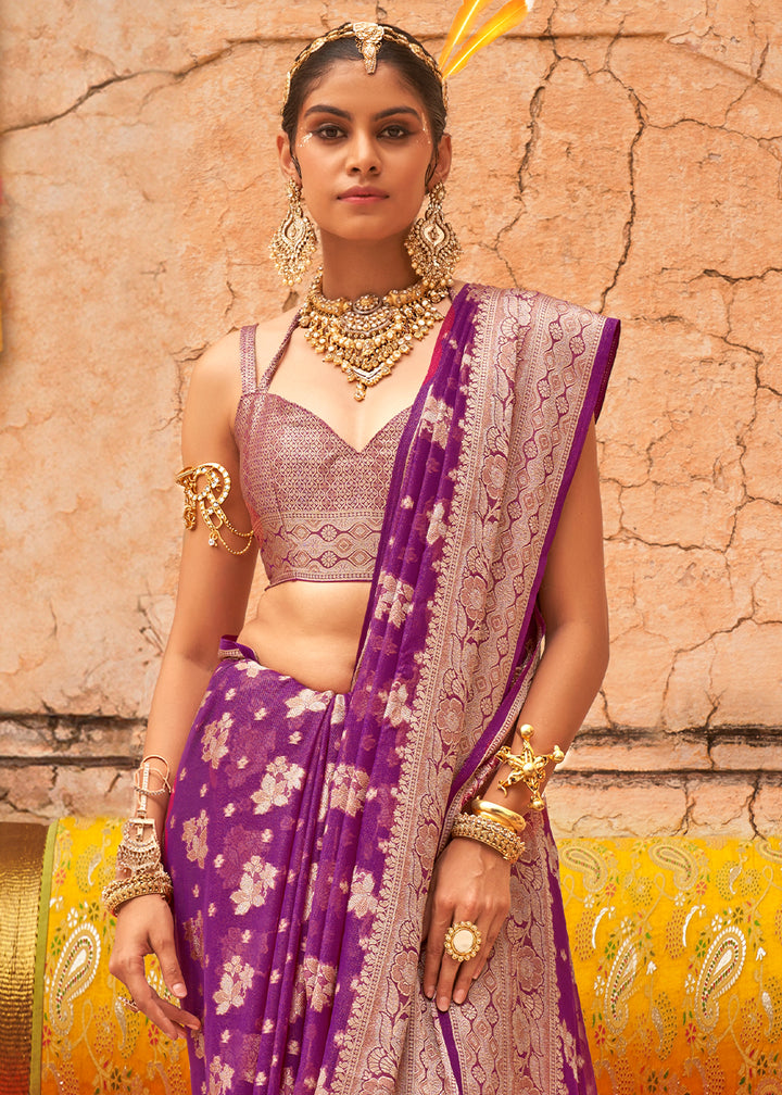 Lollipop Purple Georgette Silk Saree with Woven Pallu & Border