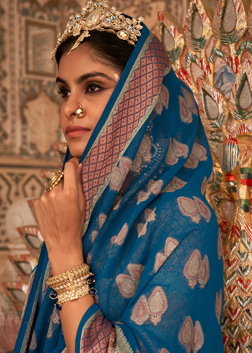 Egyptian Blue Butti Patterned Silk Designer Saree