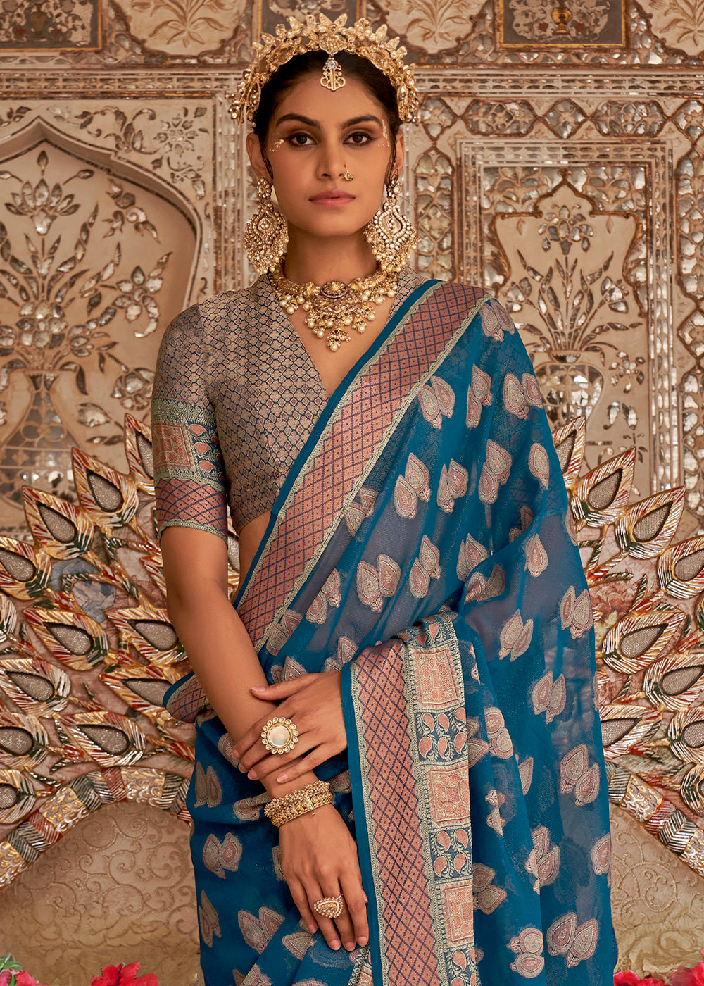 Egyptian Blue Butti Patterned Silk Designer Saree