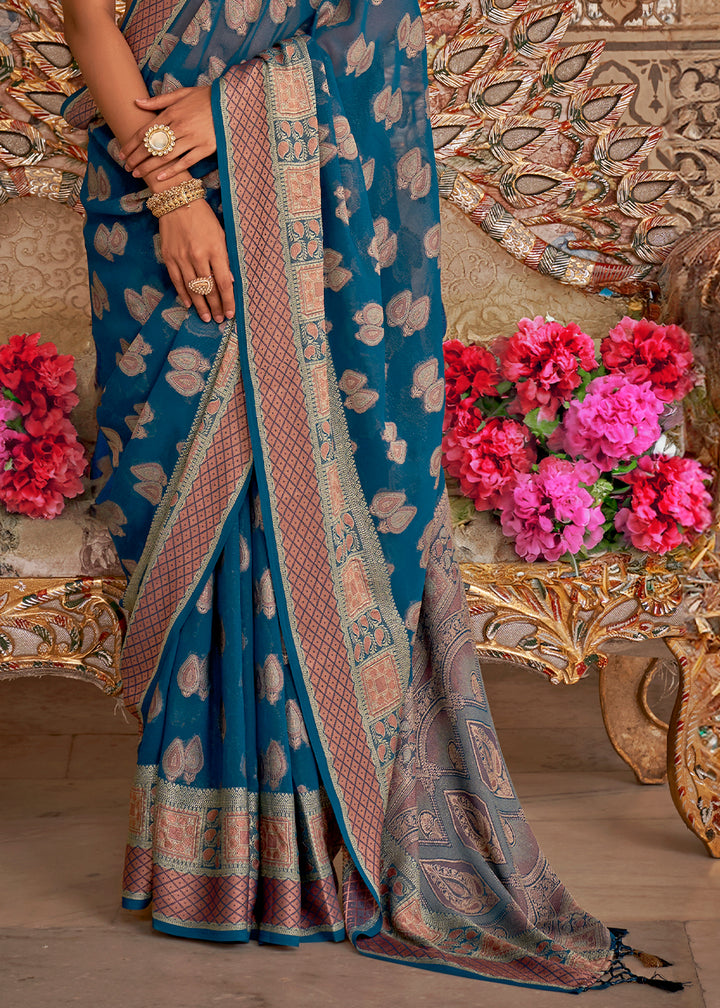 Egyptian Blue Butti Patterned Silk Designer Saree