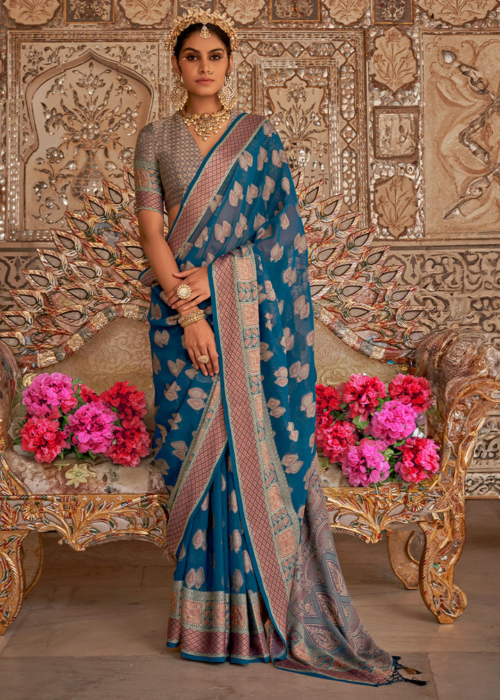 Egyptian Blue Butti Patterned Silk Designer Saree