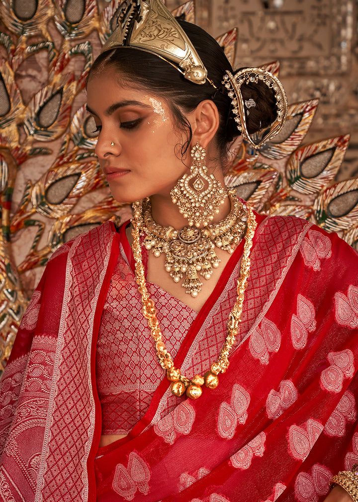 Candy Red Butti Patterned Silk Designer Saree