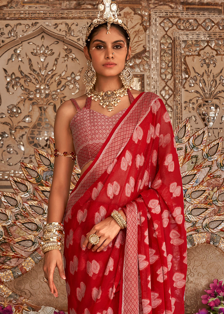 Candy Red Butti Patterned Silk Designer Saree