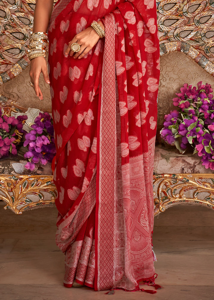 Candy Red Butti Patterned Silk Designer Saree