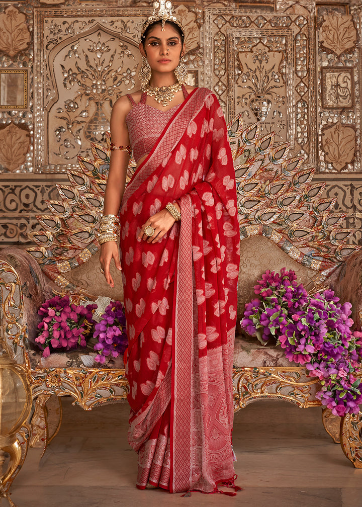 Candy Red Butti Patterned Silk Designer Saree