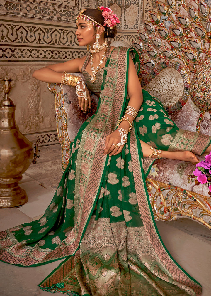 Emerald Green Butti Patterned Silk Designer Saree