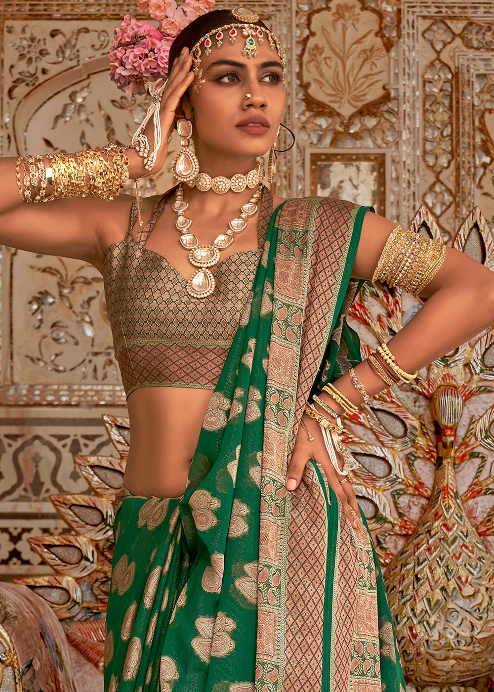 Emerald Green Butti Patterned Silk Designer Saree