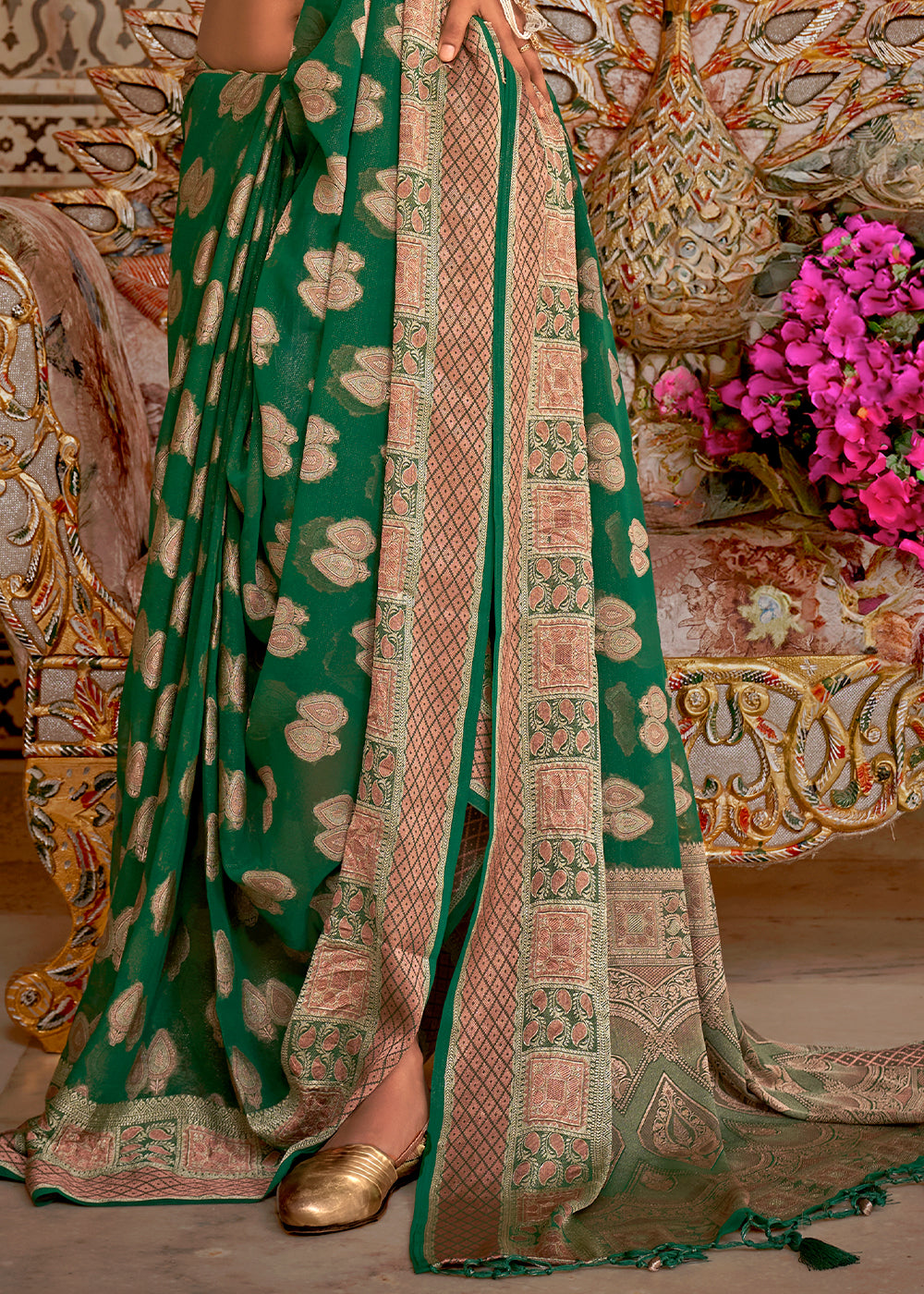 Emerald Green Butti Patterned Silk Designer Saree