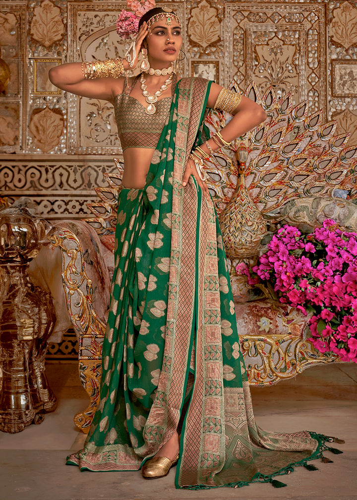 Emerald Green Butti Patterned Silk Designer Saree