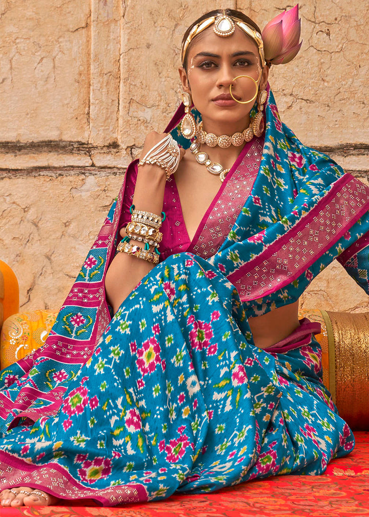 Bubblegum Pink Patola Print Viscose Silk Saree with Dew Drops & Studs