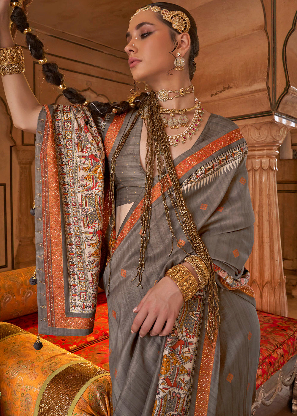 Trout Grey Viscose Silk Saree with Luxury Print & Dew Drop Detailing