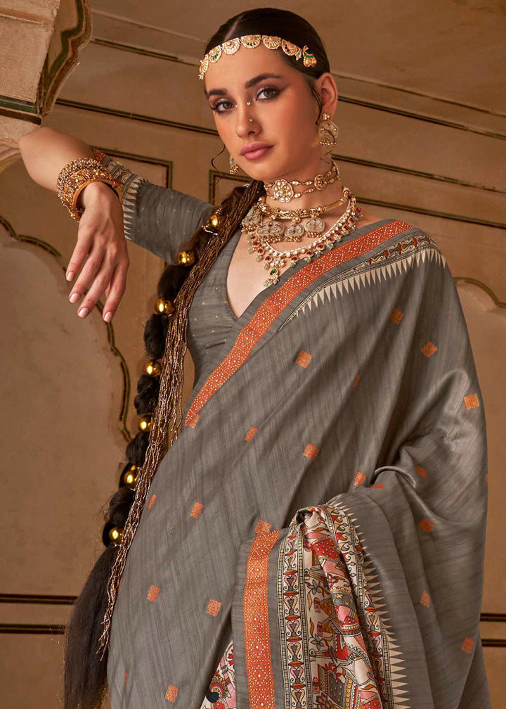 Trout Grey Viscose Silk Saree with Luxury Print & Dew Drop Detailing