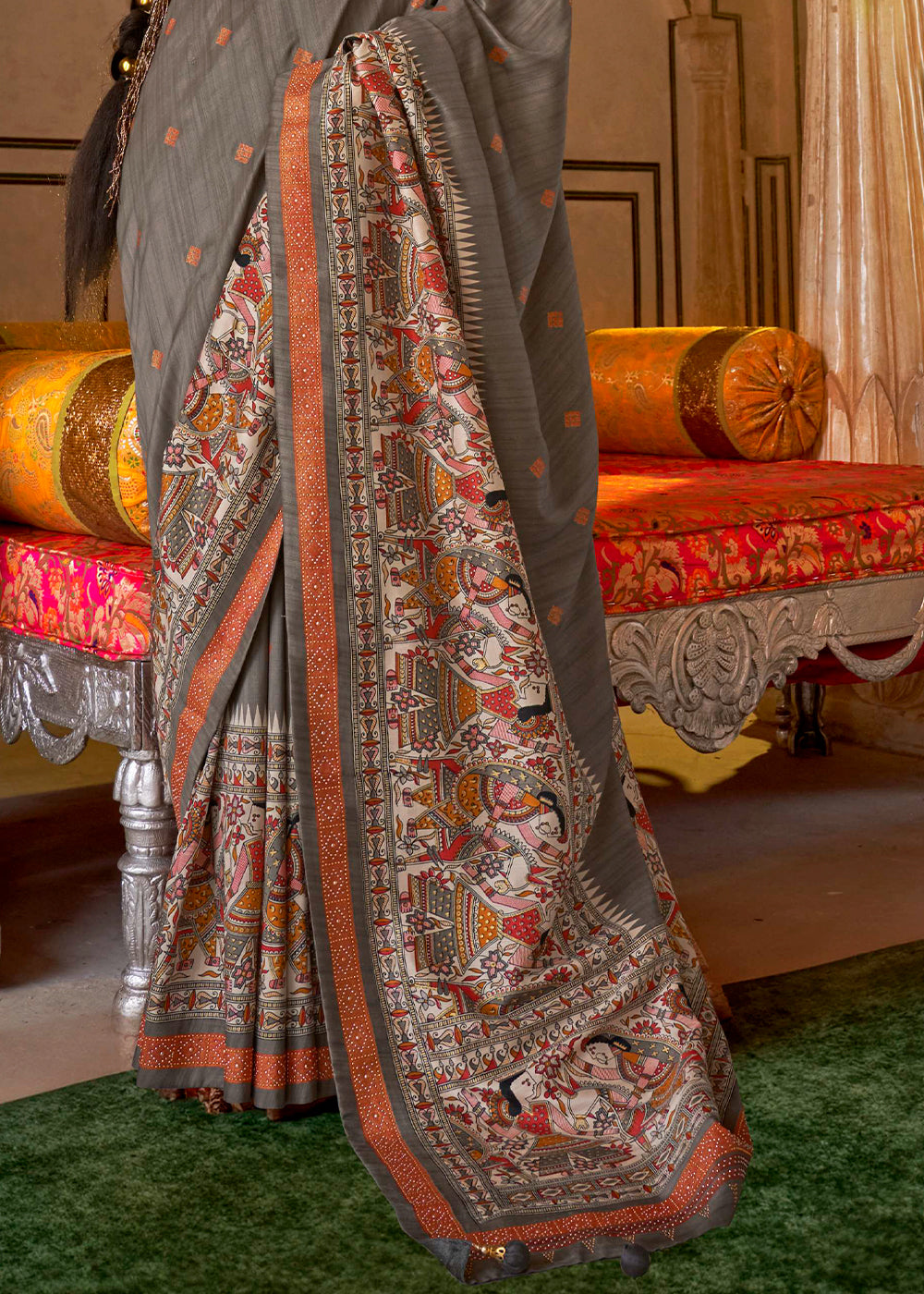 Trout Grey Viscose Silk Saree with Luxury Print & Dew Drop Detailing