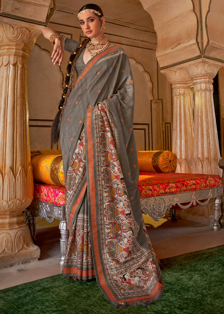 Trout Grey Viscose Silk Saree with Luxury Print & Dew Drop Detailing