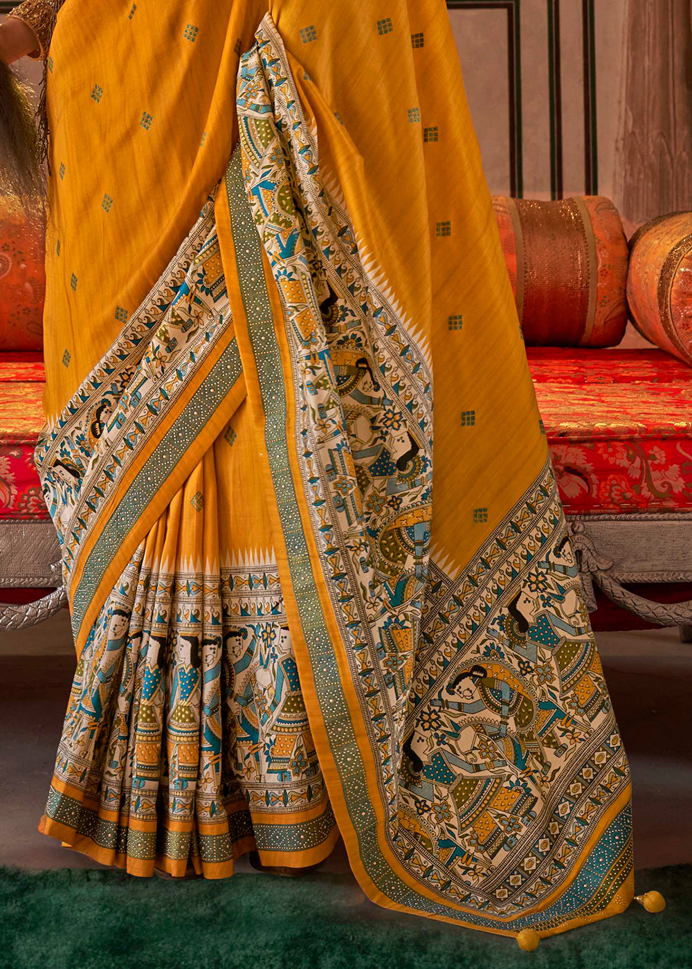 Canary Yellow Viscose Silk Saree with Luxury Print & Dew Drop Detailing