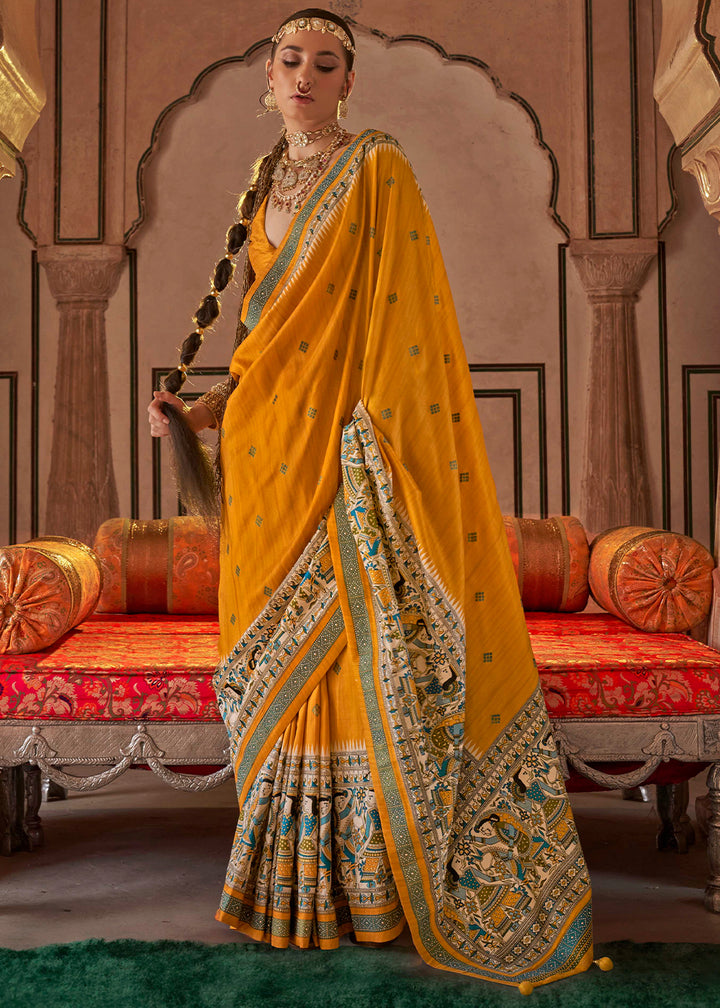 Canary Yellow Viscose Silk Saree with Luxury Print & Dew Drop Detailing