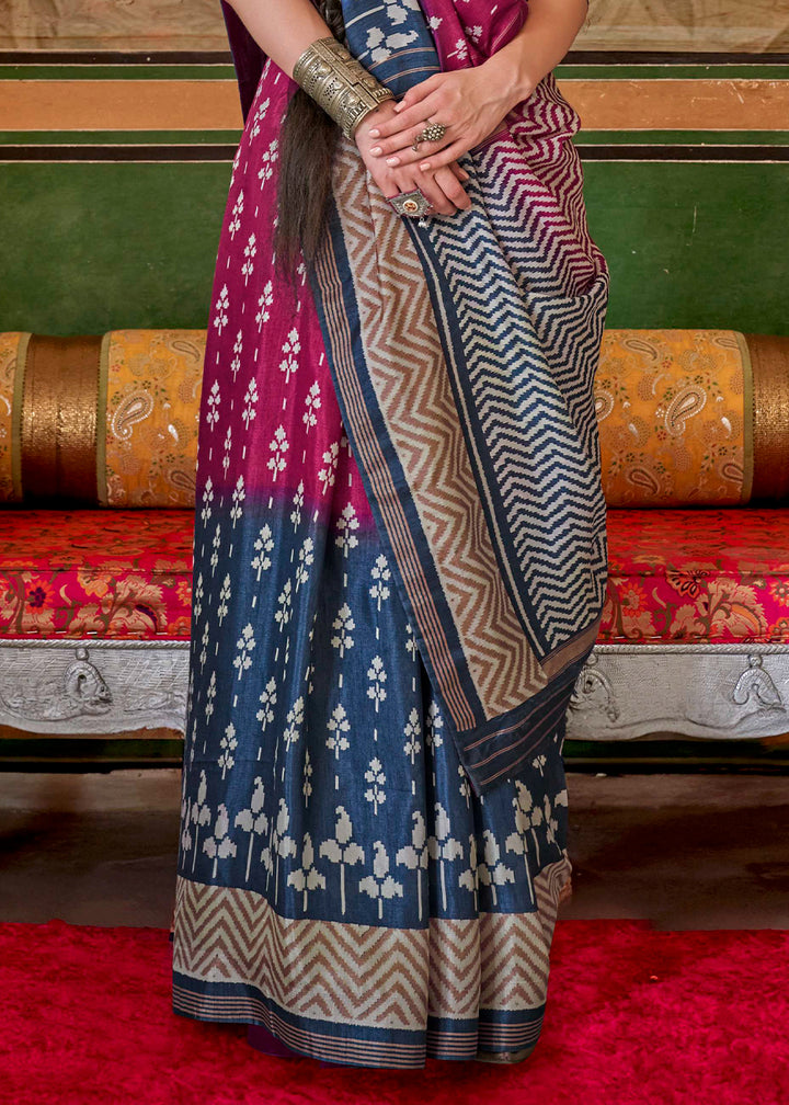 Pink & Blue Silk Saree in Traditional Design with Aqua Finish