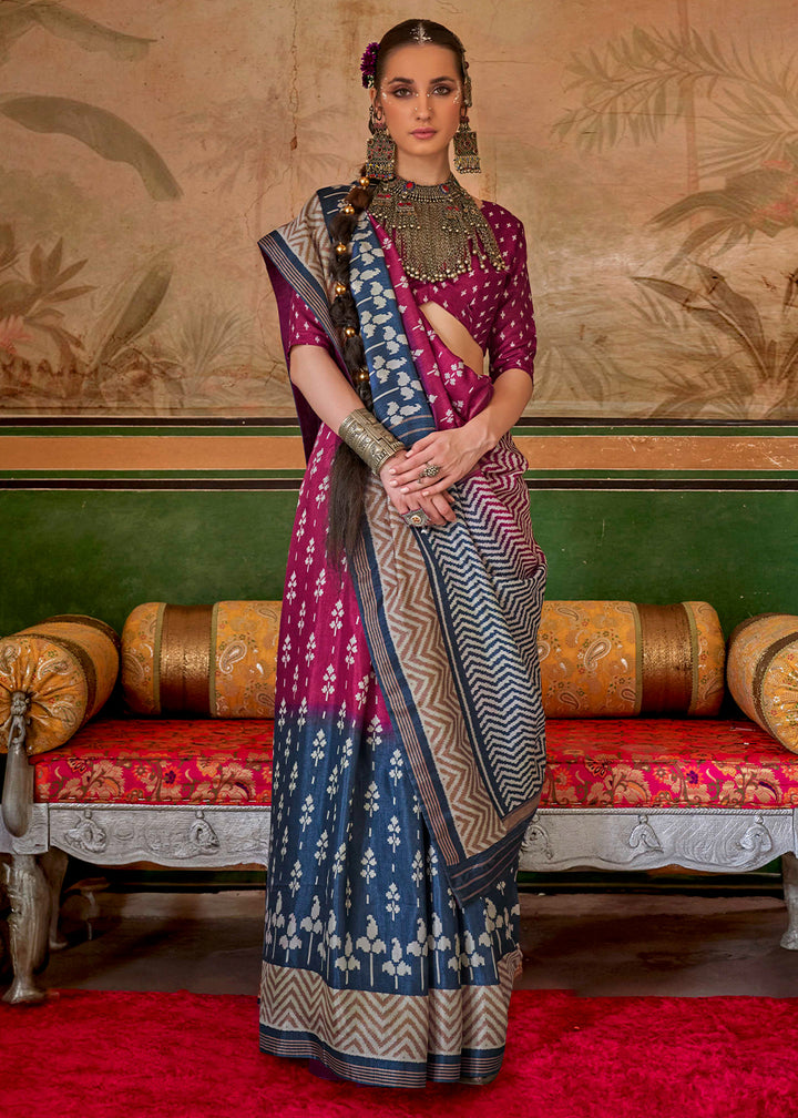 Pink & Blue Silk Saree in Traditional Design with Aqua Finish