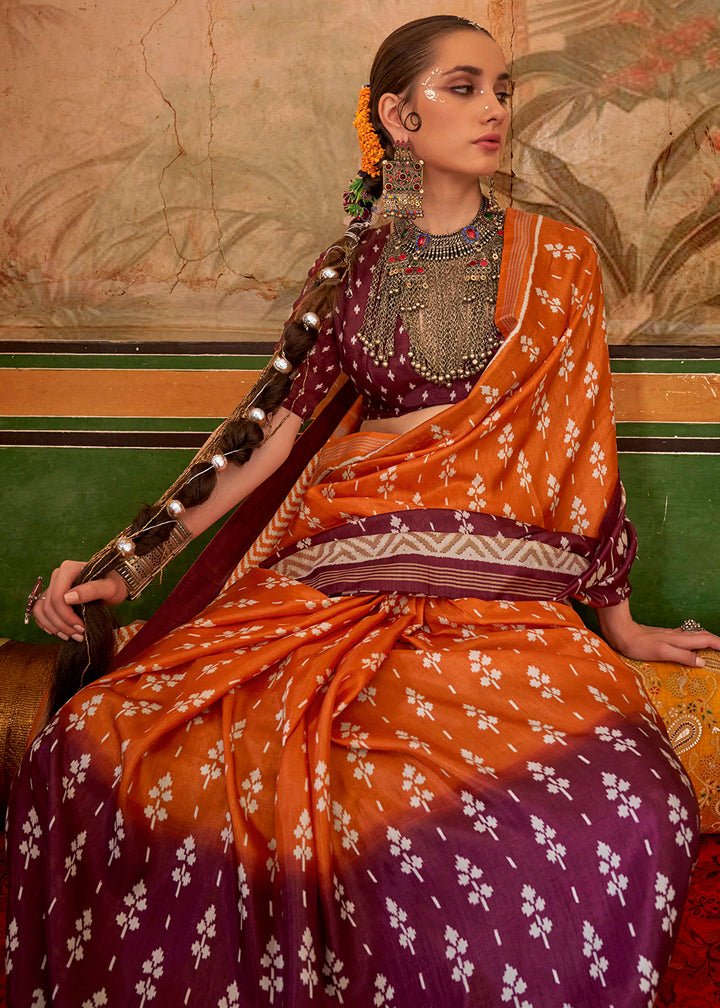 Orange & Purple Silk Saree in Traditional Design with Aqua Finish