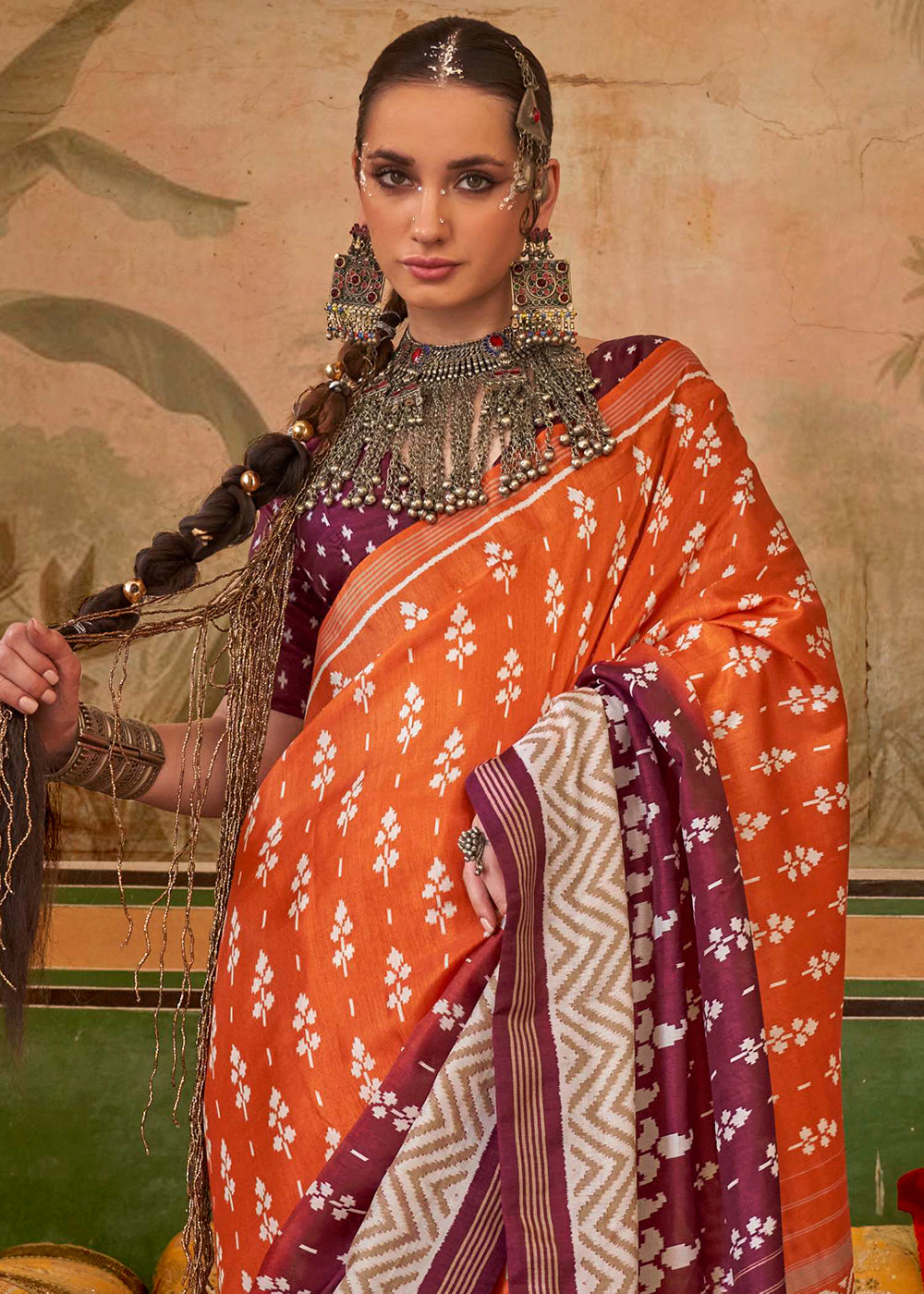 Orange & Purple Silk Saree in Traditional Design with Aqua Finish