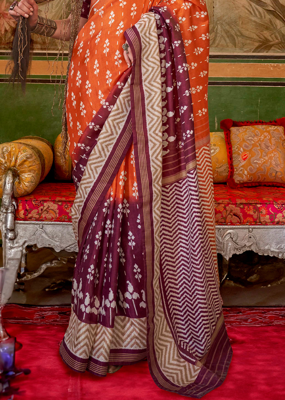 Orange & Purple Silk Saree in Traditional Design with Aqua Finish