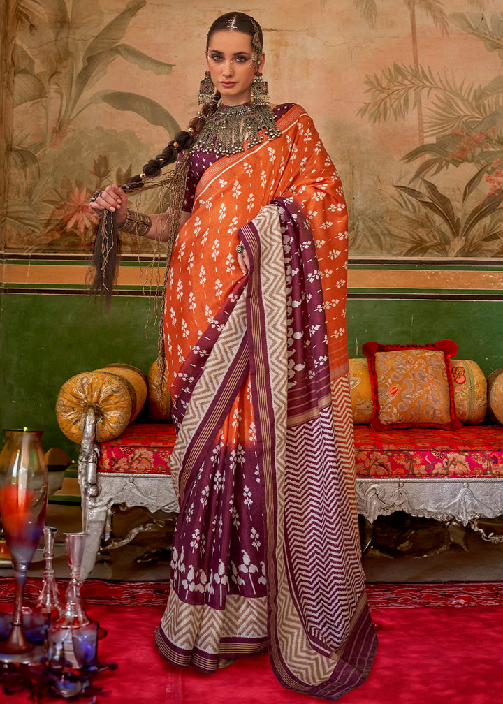 Orange & Purple Silk Saree in Traditional Design with Aqua Finish