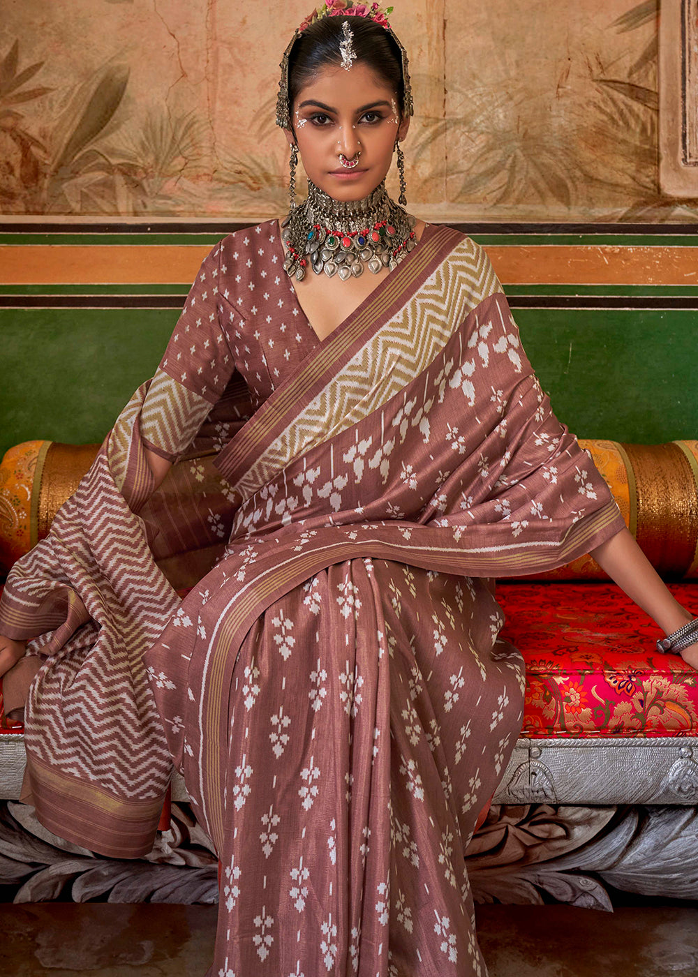 Sienna Brown Silk Saree in Traditional Design with Aqua Finish