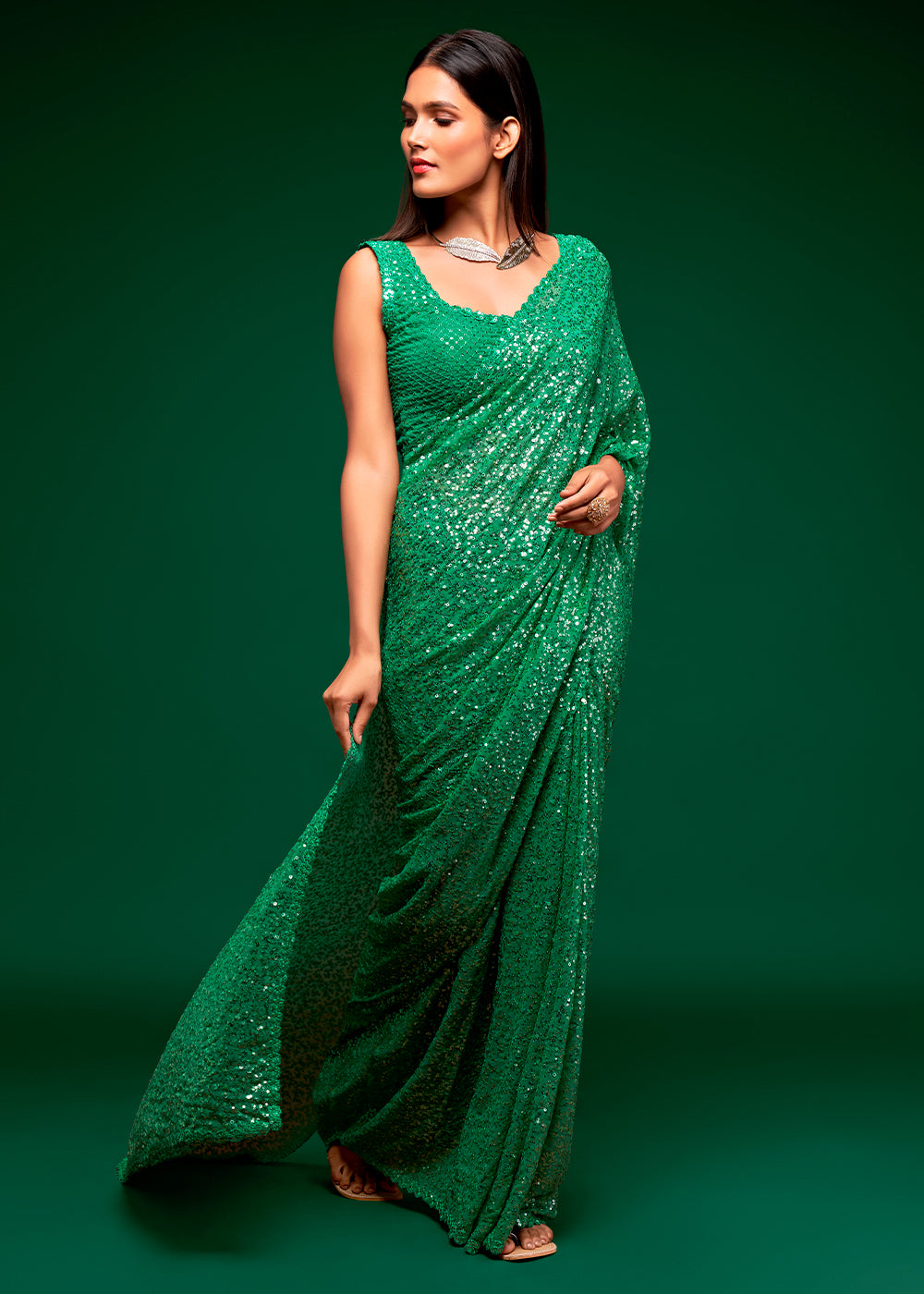 Slimy Green Sequins Georgette Saree with Thread Embroidery