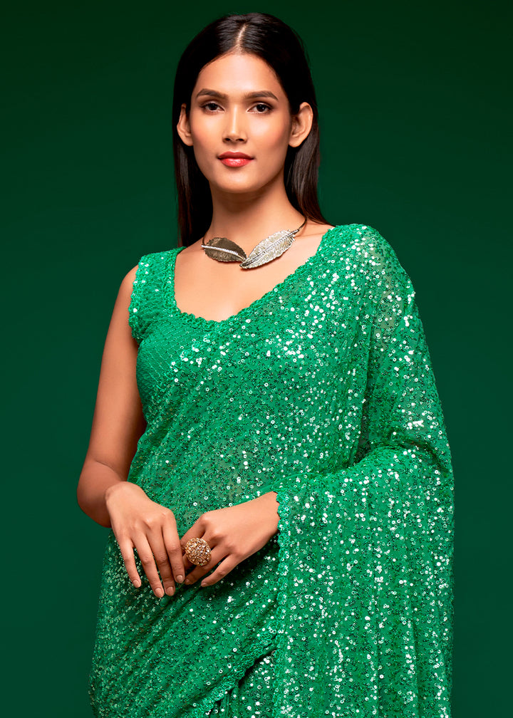 Slimy Green Sequins Georgette Saree with Thread Embroidery