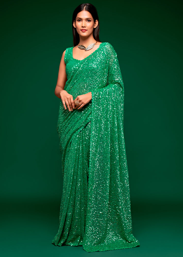 Slimy Green Sequins Georgette Saree with Thread Embroidery