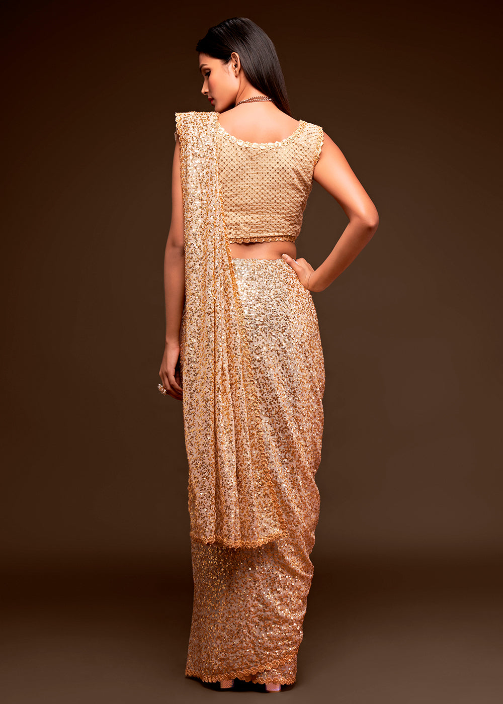 Shades Of Brown Sequins Georgette Saree with Thread Embroidery