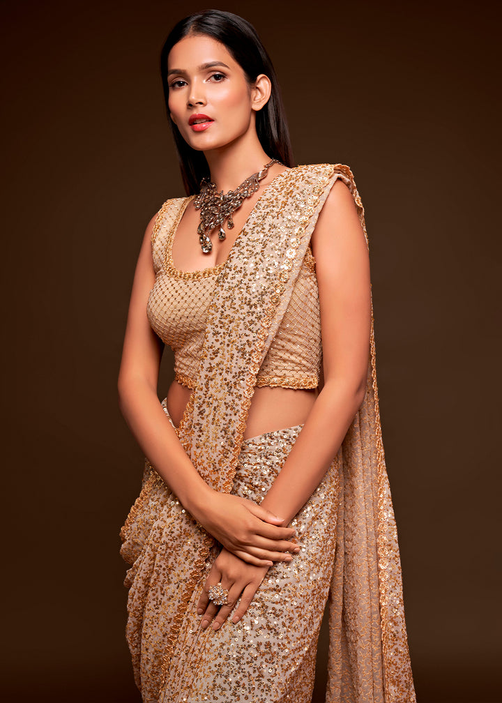 Shades Of Brown Sequins Georgette Saree with Thread Embroidery