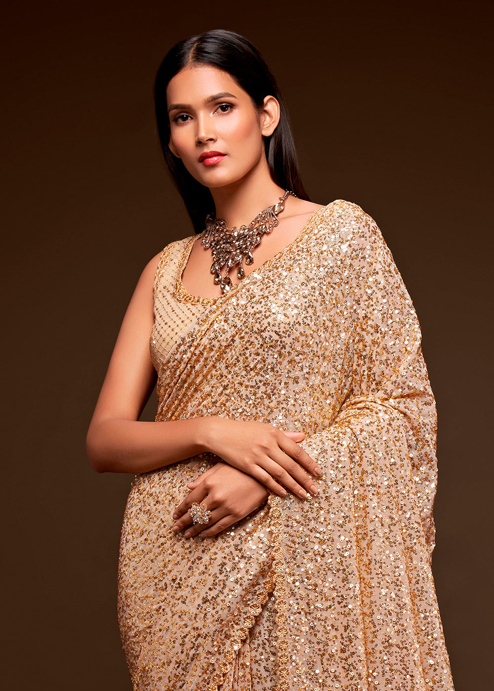 Shades Of Brown Sequins Georgette Saree with Thread Embroidery