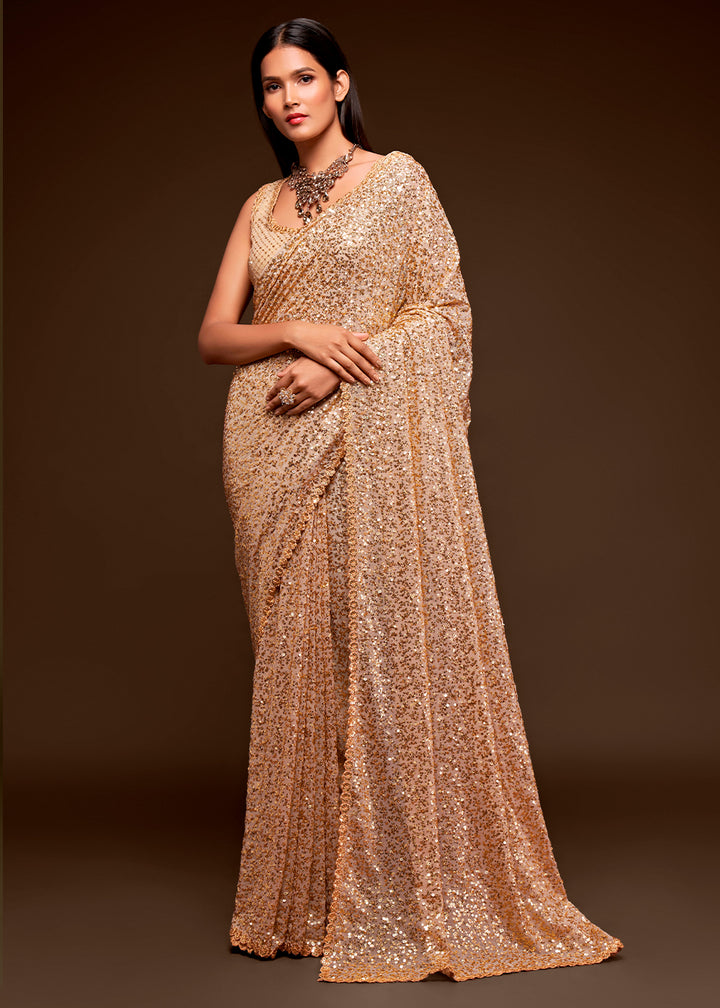 Shades Of Brown Sequins Georgette Saree with Thread Embroidery