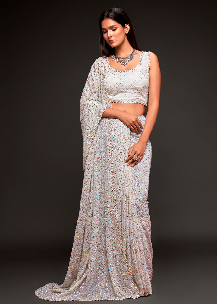 Pearl White Sequins Georgette Saree with Thread Embroidery