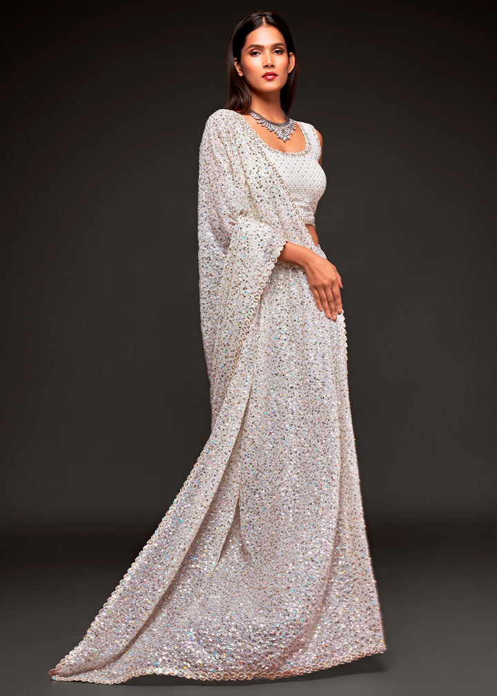 Pearl White Sequins Georgette Saree with Thread Embroidery