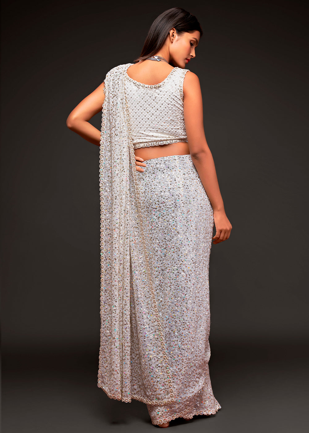 Pearl White Sequins Georgette Saree with Thread Embroidery