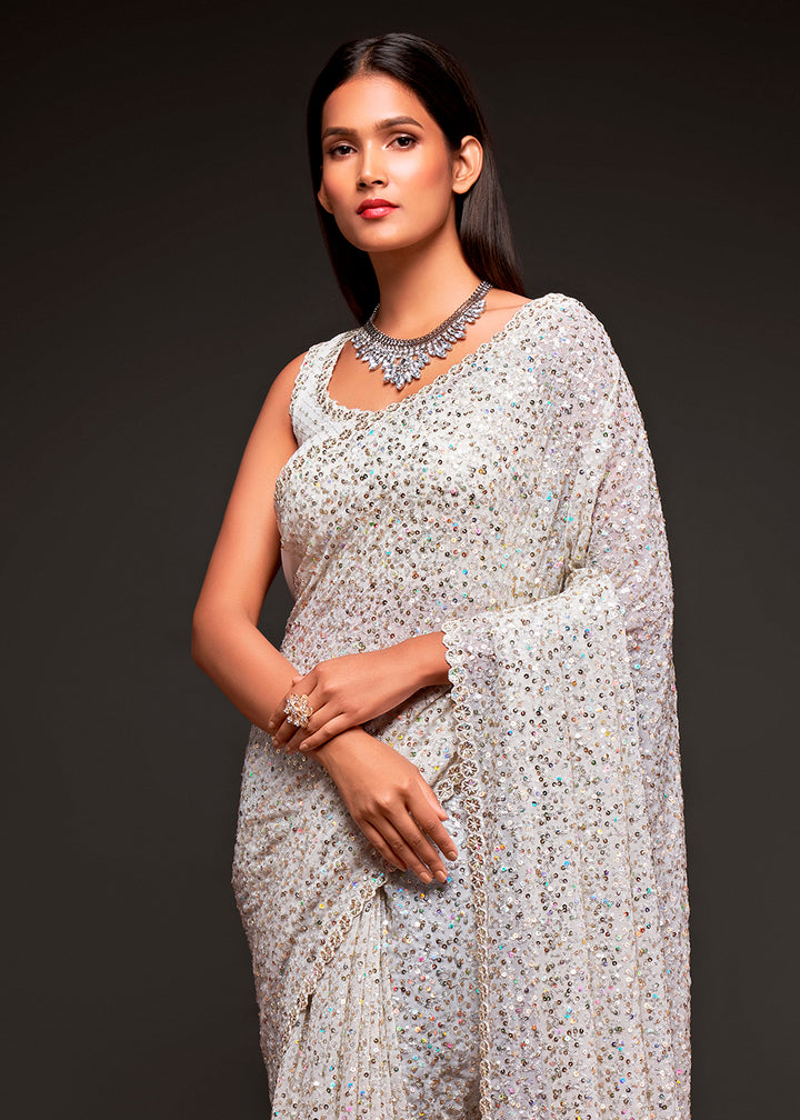 Pearl White Sequins Georgette Saree with Thread Embroidery