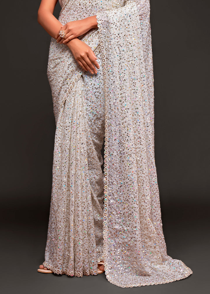 Pearl White Sequins Georgette Saree with Thread Embroidery