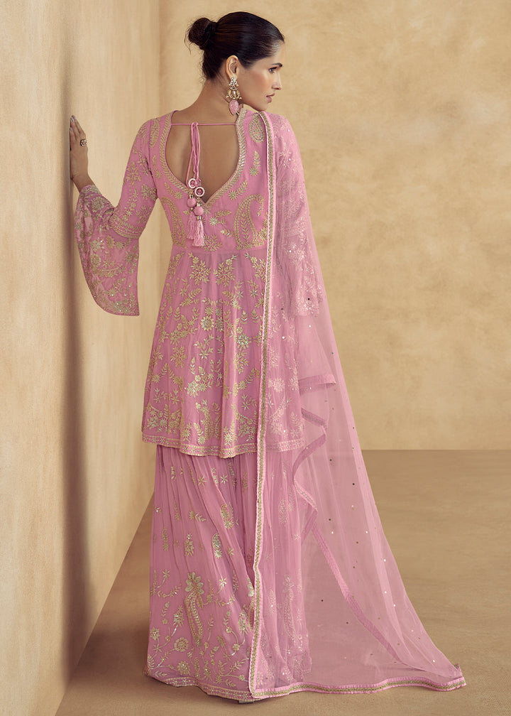 Creamy Pink Embroidered Georgette Plazzo Suit with Net Dupatta