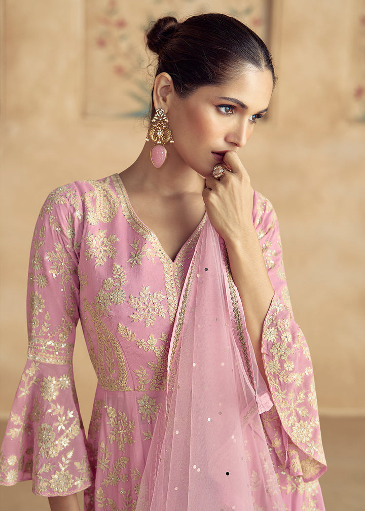 Creamy Pink Embroidered Georgette Plazzo Suit with Net Dupatta