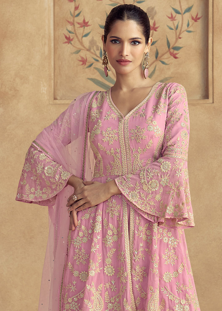 Creamy Pink Embroidered Georgette Plazzo Suit with Net Dupatta