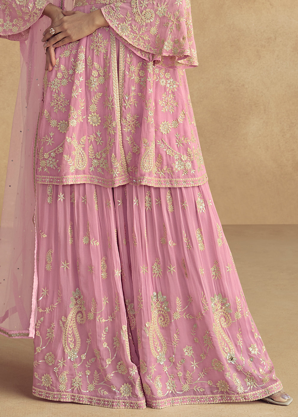 Creamy Pink Embroidered Georgette Plazzo Suit with Net Dupatta