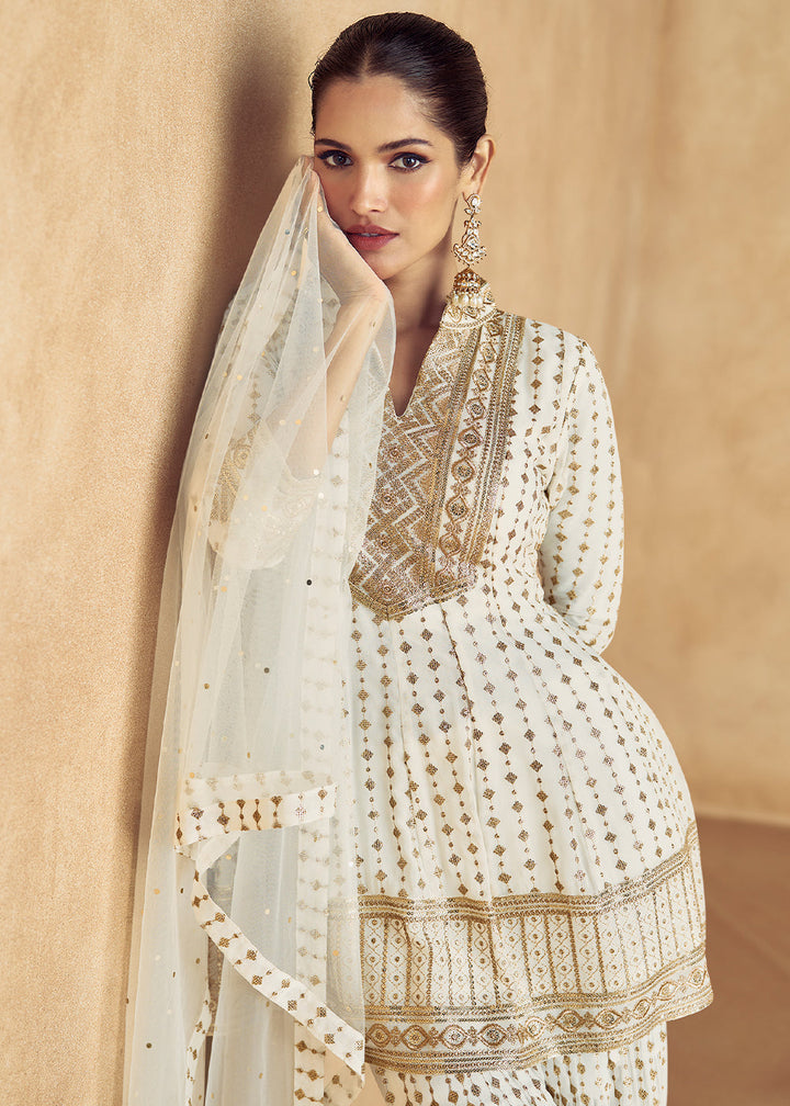 Pearl White Embroidered Georgette Plazzo Suit with Net Dupatta