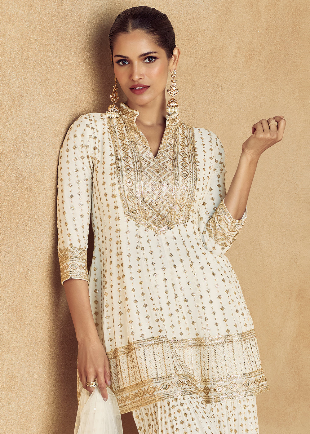 Pearl White Embroidered Georgette Plazzo Suit with Net Dupatta