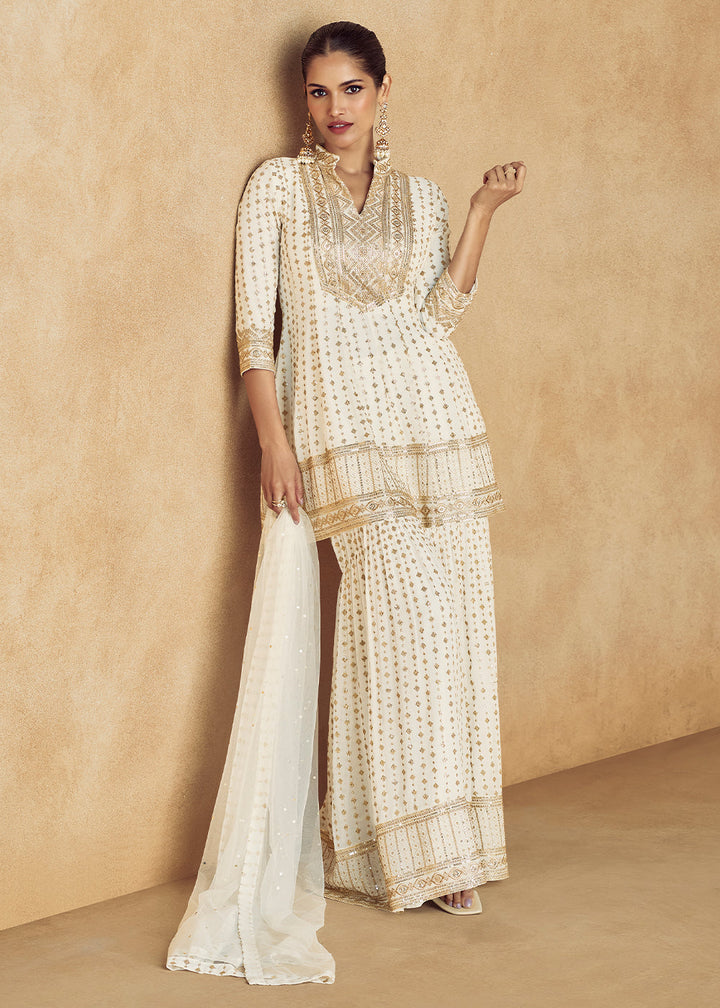 Pearl White Embroidered Georgette Plazzo Suit with Net Dupatta