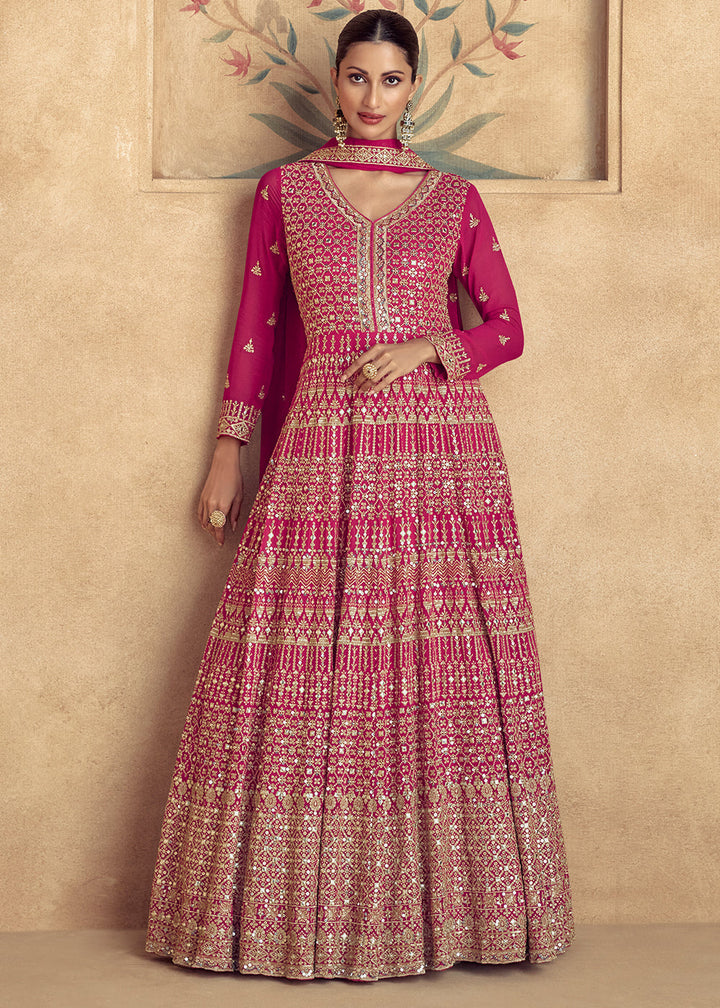 Barbie Pink Georgette Embroidered Anarkali Gown