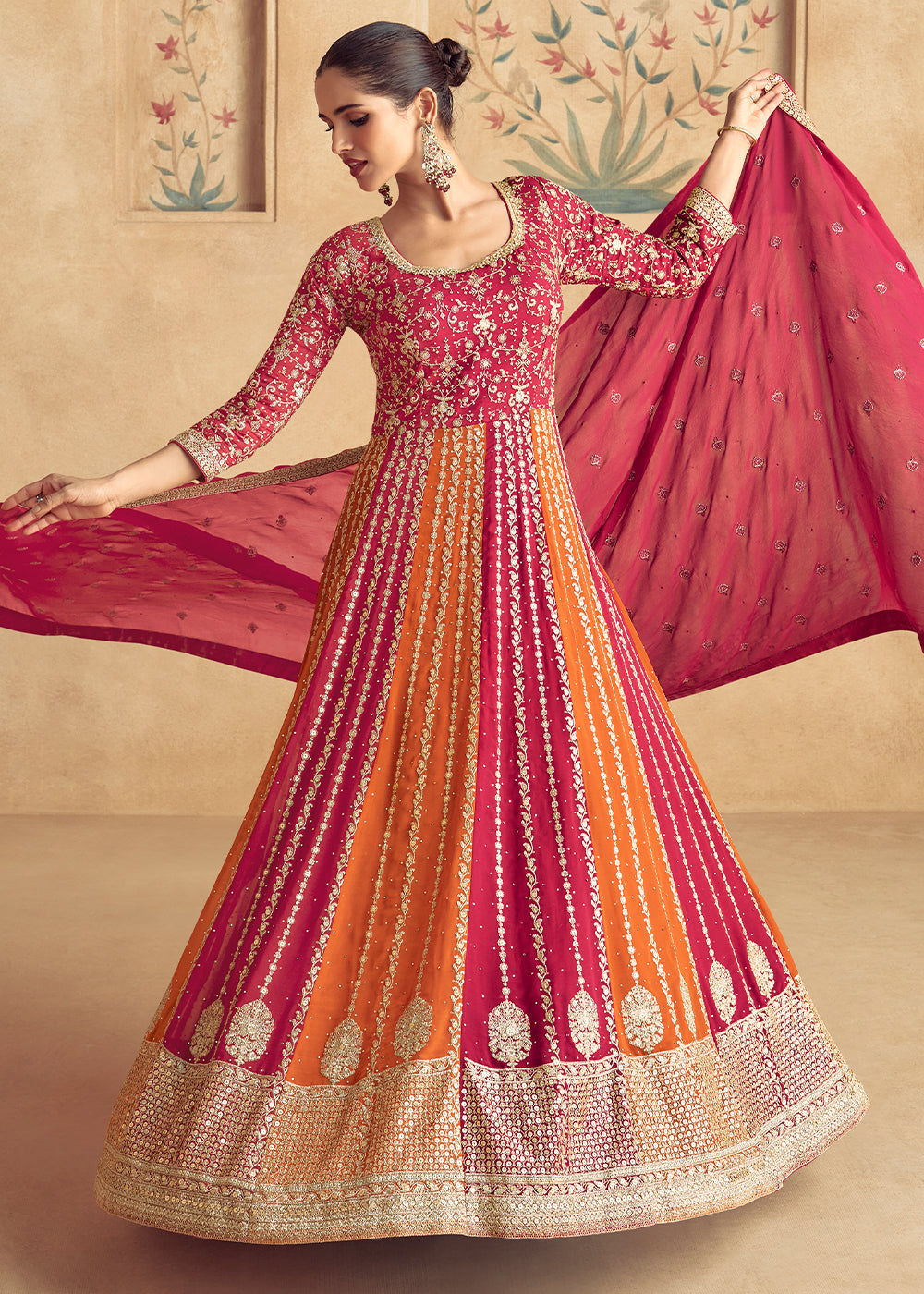 Red & Orange Georgette Embroidered Anarkali Gown