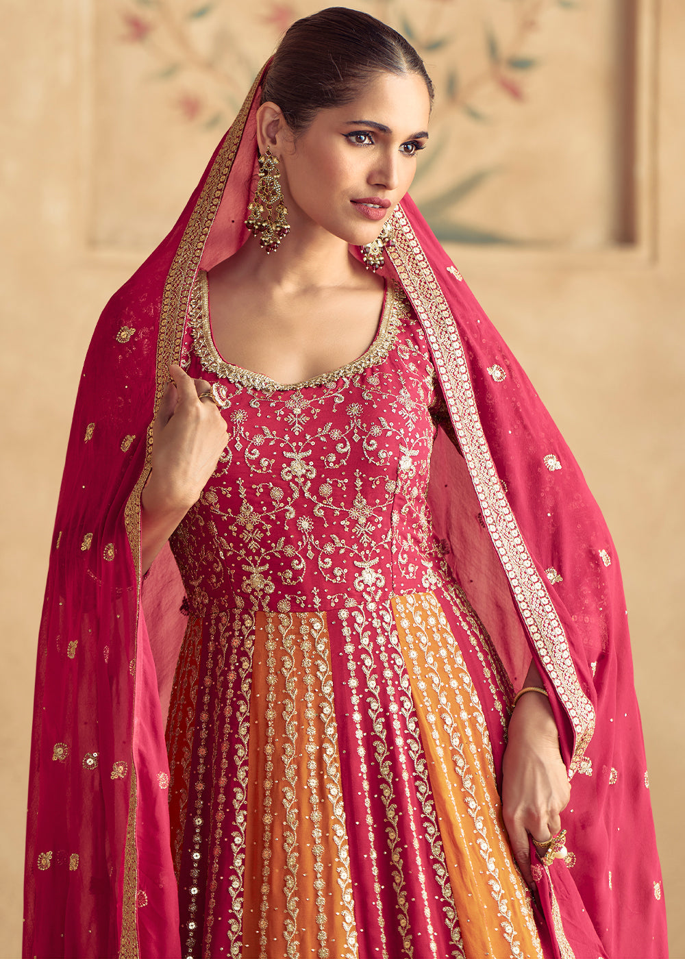 Red & Orange Georgette Embroidered Anarkali Gown