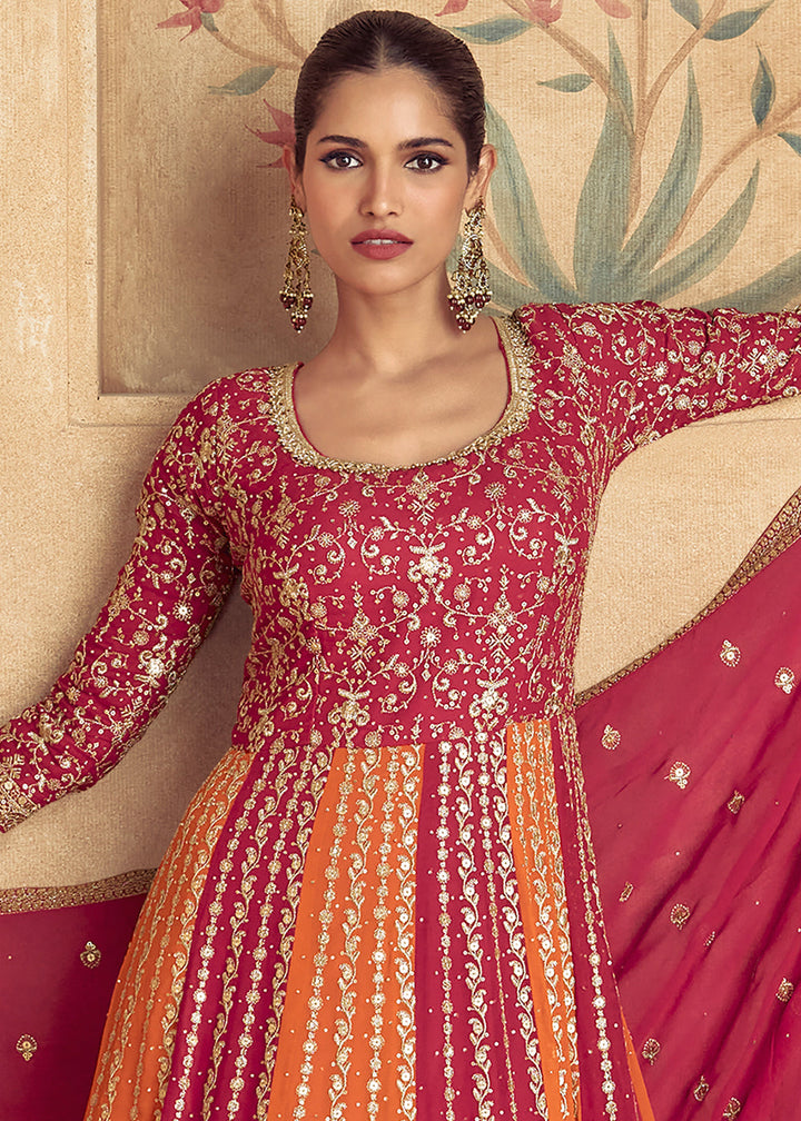 Red & Orange Georgette Embroidered Anarkali Gown